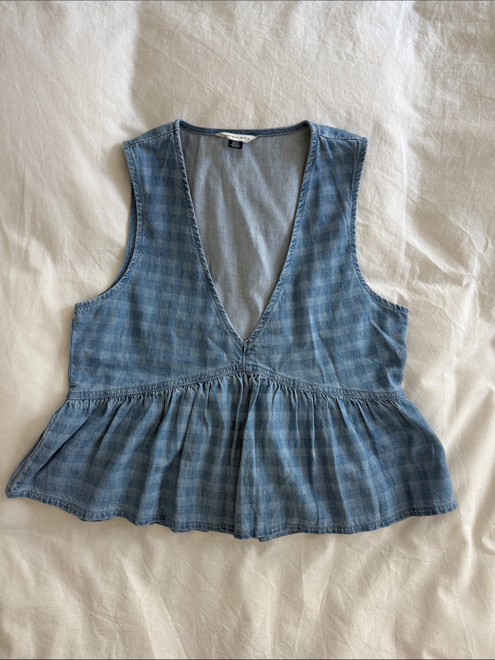 American Eagle Outfitters Light Blue Denim Peplum V-Neck Tank